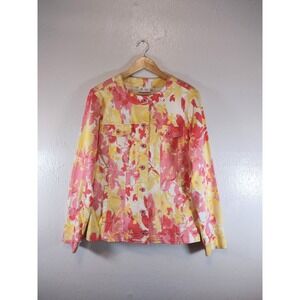 Denim & Co. Pink Yellow Floral Stretch Denim Jacket Womens Size Large Collarless